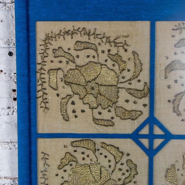 19th to 20th Century Textile Wall Art Metallic Gold Embroidered Panel on Linen Blue Silk Frame Manner of Turkish Ottoman For Sale - Image 12 of 18
