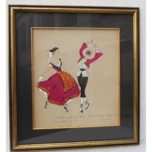 1957 Dancers' Costumes for Tarantella. A lively sketch in color of the male and female costumes for the Ballet Fantastic...
