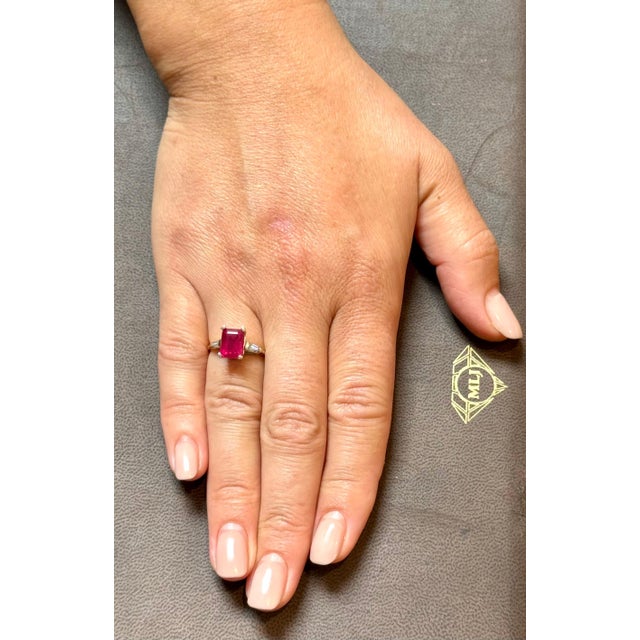 2.5 Ct Emerald Cut Treated Ruby & 0.15 ct Diamond Ring 14 Kt White Gold Size 5 For Sale - Image 14 of 18
