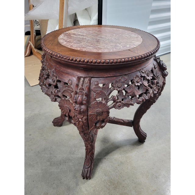 Wood Carved Asian Plant Stand/Drinks Table W/Marble Top For Sale - Image 7 of 10