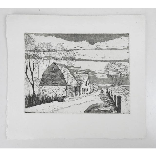 Late 20th century etching on paper of old farmhouse and barn landscape. Unsigned. Unframed, edge wear.