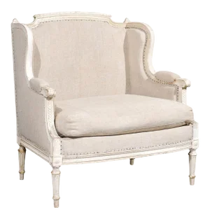 French Louis XVI Style Carved and Painted Wood Marquise Wingback Armchair