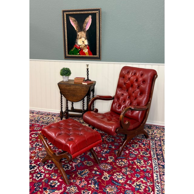 TIMELESS Vintage English CHESTERFIELD Leather Tufted Campeche Style Chair Ottoman Red Leather PERFECT ICONIC look for a...