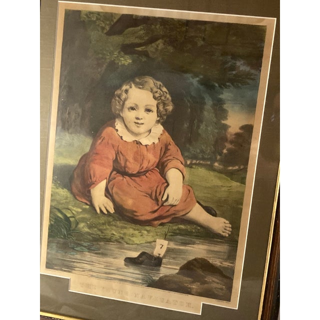 Americraft American Americana Currier & Ives Print, Titled the Young Navigator 1858. It Is an Original Hand-Colored Lithograph. For Sale - Image 4 of 10