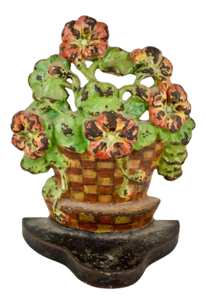 1930s Cast Iron Checkered Pot of Geraniums Painted Doorstop