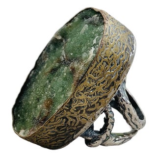 Brutalist/Modernist Bora Oxidized Sterling & Bronze Statement Ring Set With Druzy Moss Agate & an Organic Vine Sterling Band For Sale