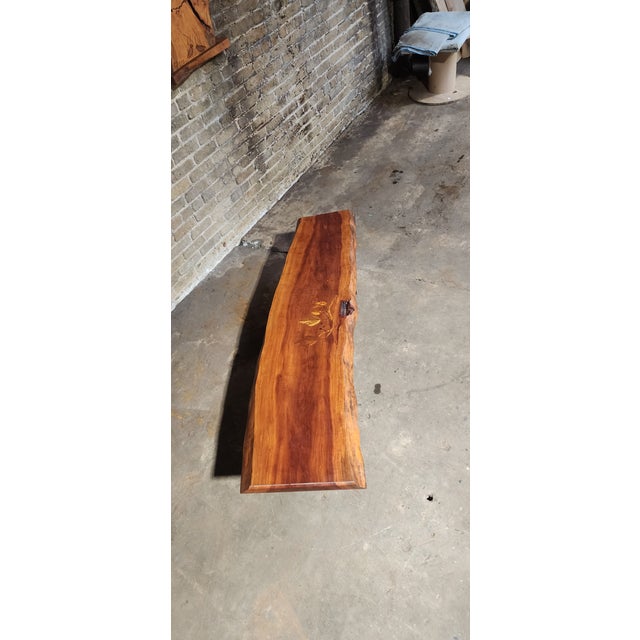 Traditional Handcrafted Live Edge Cherry Bench With Leaf Motif Inlays by Pj Spring For Sale - Image 3 of 9