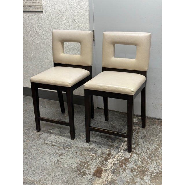 Contemporary Bespoke Leather + Wood Counter Stools, Pair For Sale - Image 3 of 12