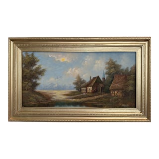 Vintage European Coastal Village Oil Painting Signed Dated 1961 Framed Landscape For Sale