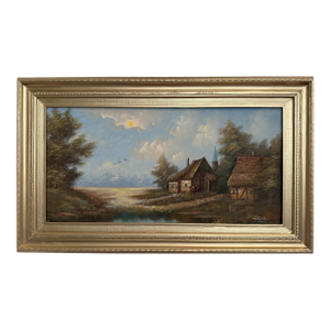 Vintage European Coastal Village Oil Painting Signed Dated 1961 Framed Landscape