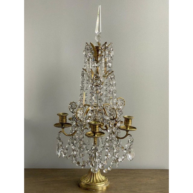 Metal 19th Century Baccarat Attributed French Louis XVI-Style Cut Crystal Gilt Bronze 5-Light Girandoles- a Pair For Sale - Image 7 of 11