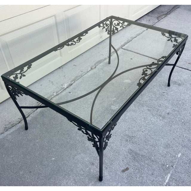 Woodard Furniture Co. Vintage Woodard Orleans Wrought Iron Glass Top Coffee Table and End Table, a Set of 2 For Sale - Image 4 of 11
