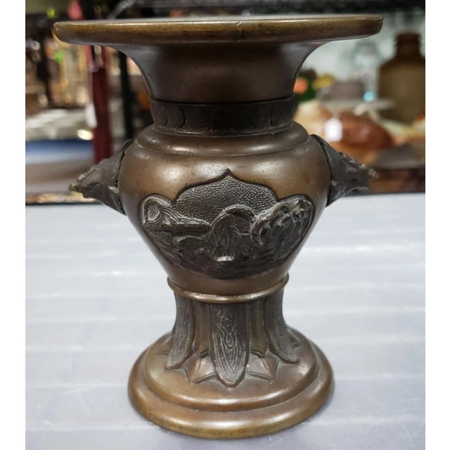 Late 19th Century Chinese Archaistic Bronze Turtle/Floral Motif Phoenix Head Handles Gu-Form Vase For Sale - Image 4 of 9