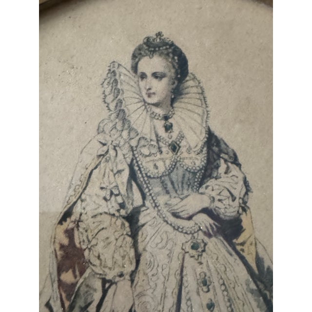 Brown Pair of Vintage Framed French Historical Costume Prints After Hippolyte Paquet Carved Oval Wood Frames European Fashion Illustrations For Sale - Image 8 of 12