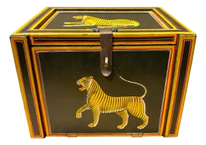 Hand-Painted Tiger Motif Wooden Jewelry Box, India