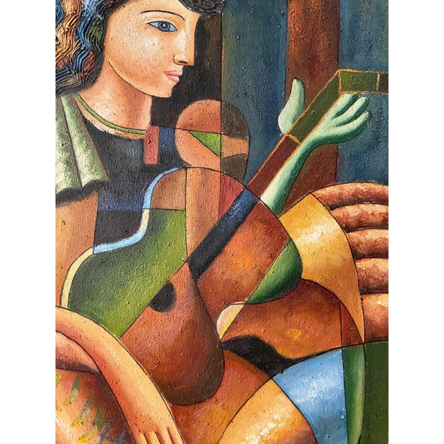 Painter 1960s Cubist Oil Painting of a Man with a Guitar by W