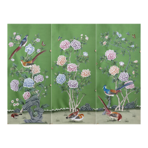 Green Chinoiserie Artworks Hand Painted Wallpapers 22" X 48"/Panel - 3 Panels