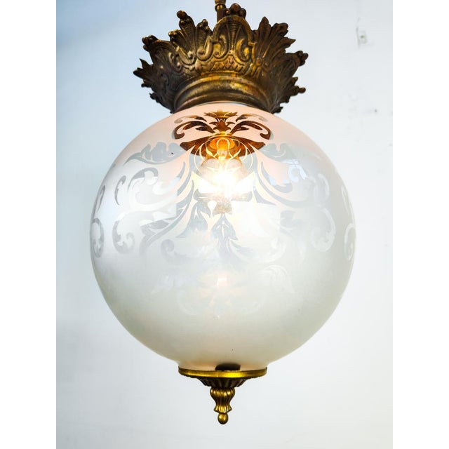 Antique Etched Glass Globe Pendant Light with Brass Gallery For Sale - Image 4 of 10