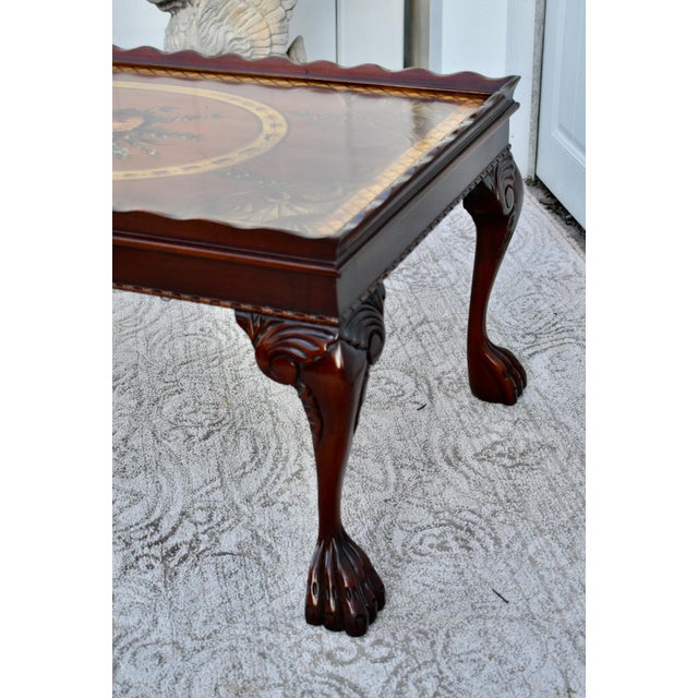 Vintage Carved Mahogany Regency Hand Painted Floral Design TBL W/ Claw Foot For Sale - Image 10 of 12