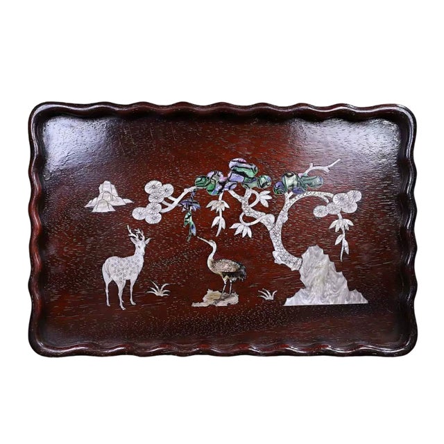 Shell 1990s Chinese Zitan Wood Tray With Mother-of-Pearl Deer and Crane Inlay For Sale - Image 7 of 7