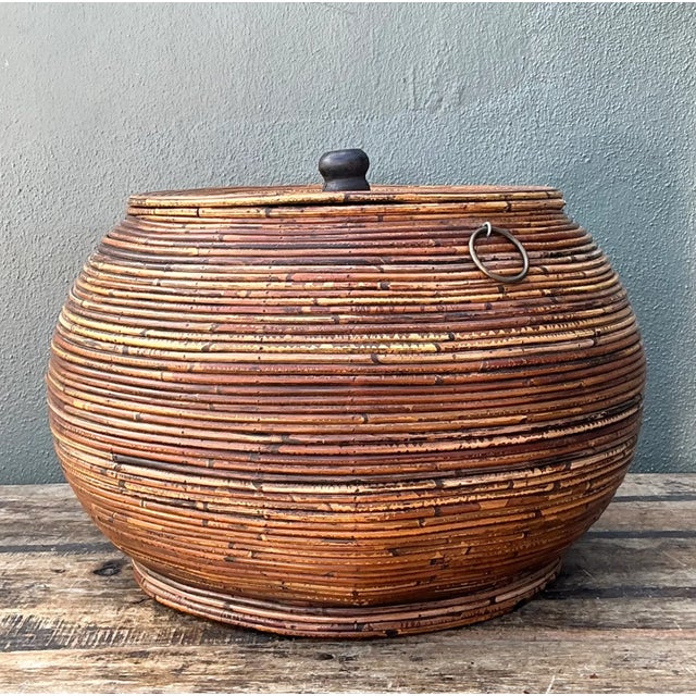 Rustic Vintage Pencil Reed Lidded Basket For Sale - Image 3 of 12