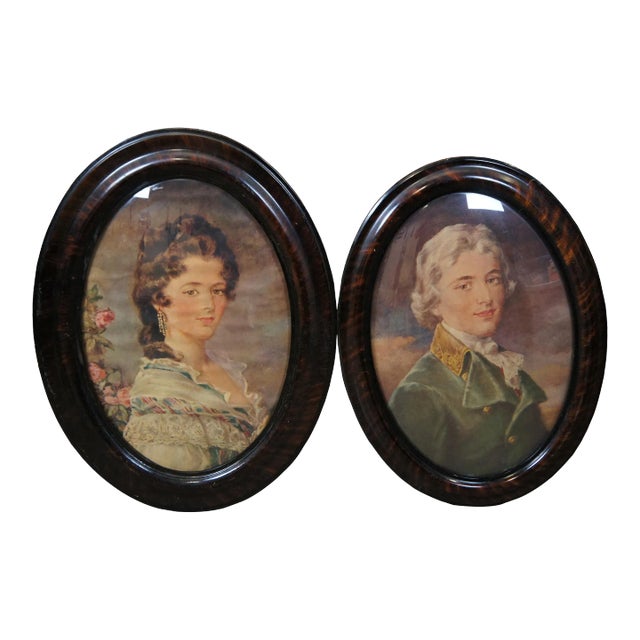 2 Antique Colonial Oval Painted Grain Bubble Glass Lithograph Portrait Prints For Sale