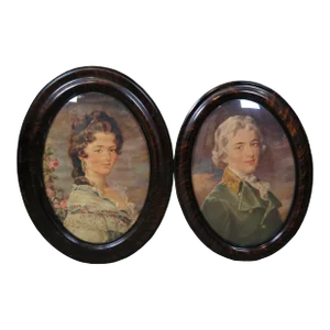 2 Antique Colonial Oval Painted Grain Bubble Glass Lithograph Portrait Prints