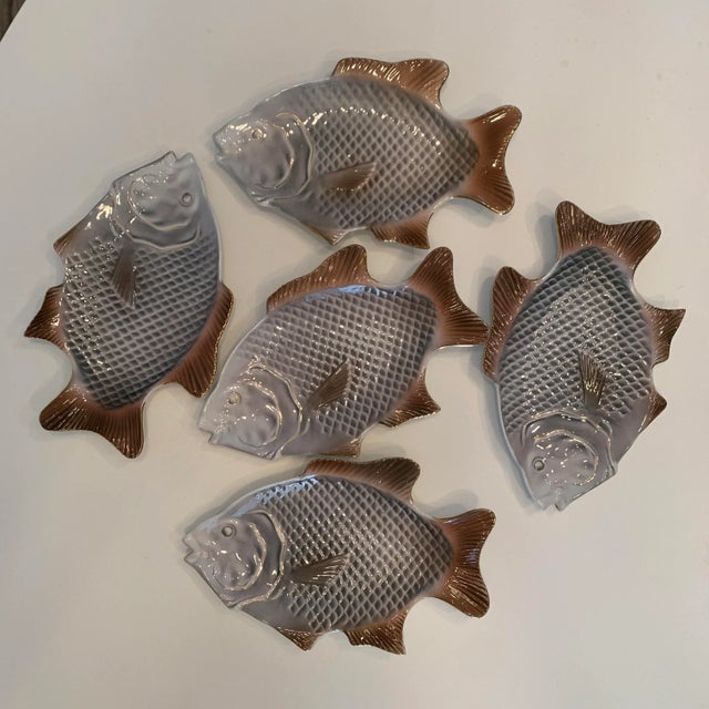 Gray Mid Century Crown Regal Fine Porcelain Fish Plates- Set of 5 For Sale - Image 8 of 9