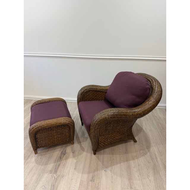French Vintage Wicker Armchair With Ottoman by Chez Pluie For Sale - Image 10 of 12