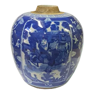 Oriental Handpaint People Theme Small Blue White Porcelain Ginger Jar
