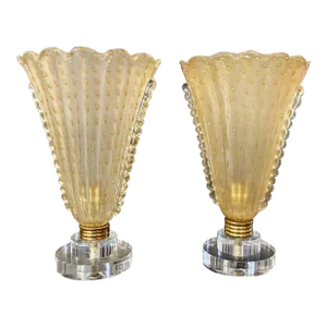 1960s Murano Gold Glass Torchere Table Lamps - a Pair