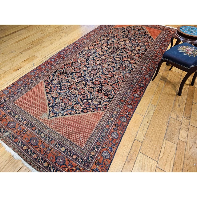 Vintage Persian Malayer Gallery Rug, Handwoven Allover Herati Pattern, Navy Blue & Red, 5’ X 13’ For Sale - Image 4 of 12