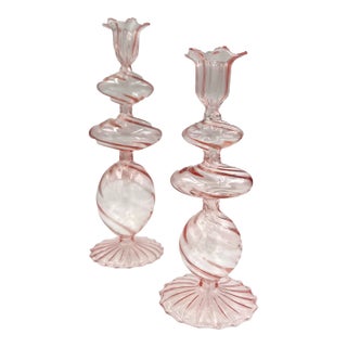 Pink Swirl Glass Candlestick, Large, Set of 2 For Sale