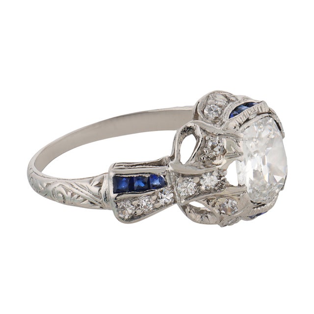 1930s Art Deco Gia 1.18 Carat Diamond Sapphire Platinum Ring, Size 6.5 For Sale - Image 4 of 6