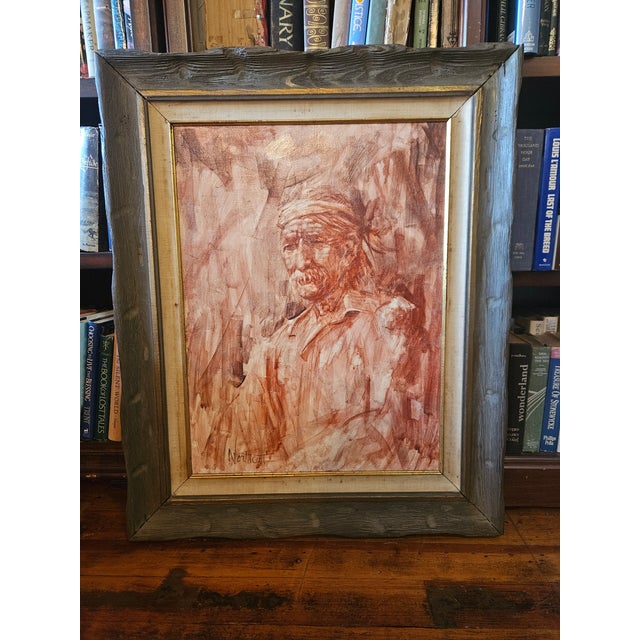 1940s 1940s Signed Rustic Oil on Canvas Portrait of Old Man in Carved Wood Frame, 26" X 32", Vintage Framed Figural Wall Art For Sale - Image 5 of 5