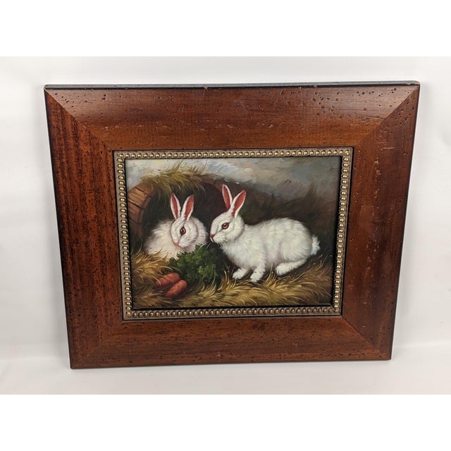 Vintage Rabbit Oil Painting in Brown, Cream & Green With Carved Gilt Wood Frame For Sale - Image 11 of 14