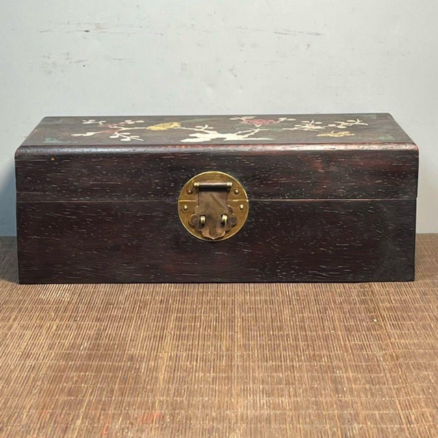 Blackwood Rectangular Storage Box, Mother of Pearl Bird, Peony & Butterfly Inlay, Chinoiserie Keepsake Box For Sale In Los Angeles - Image 6 of 9