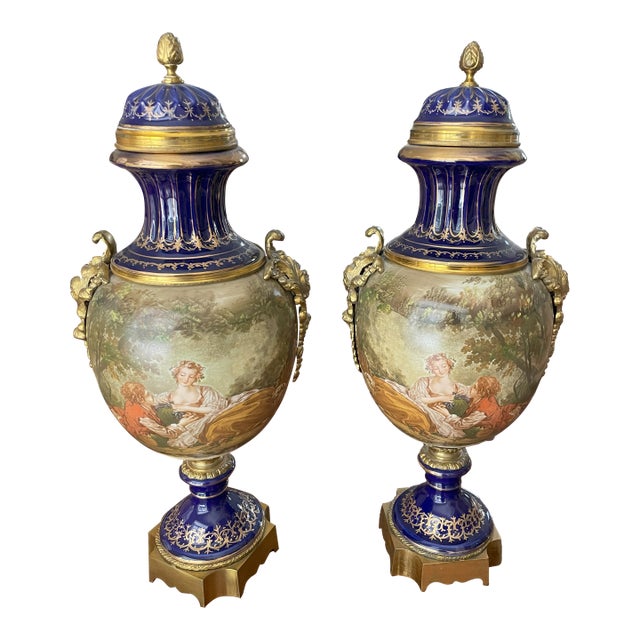 1920s Pair of Exquisite Hand-Painted Porcelain Urns – Rococo Sevres Style With Dual Scenes For Sale