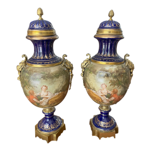 1920s Pair of Exquisite Hand-Painted Porcelain Urns – Rococo Sevres Style With Dual Scenes