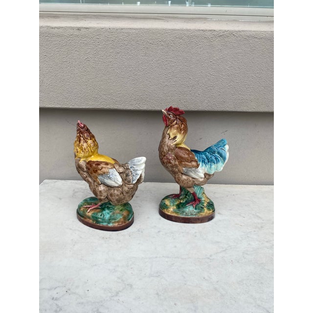 Late 19th Century French Majolica Rooster & Hen Circa 1890-A Pair For Sale - Image 5 of 8