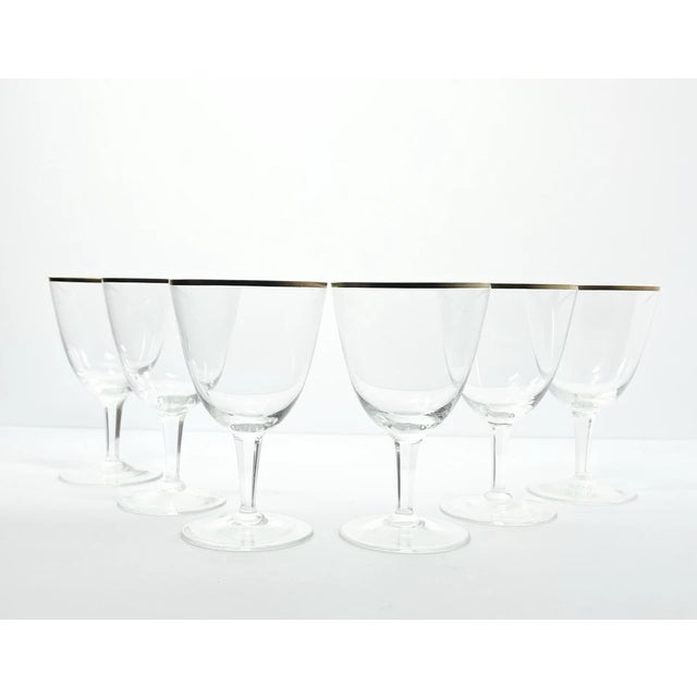 1960s Mid-century Vintage Minimalist 6 Gold Rim Crystal Wine Glasses 5 3/4” 10oz Good vintage condition. No chips, cracks,...