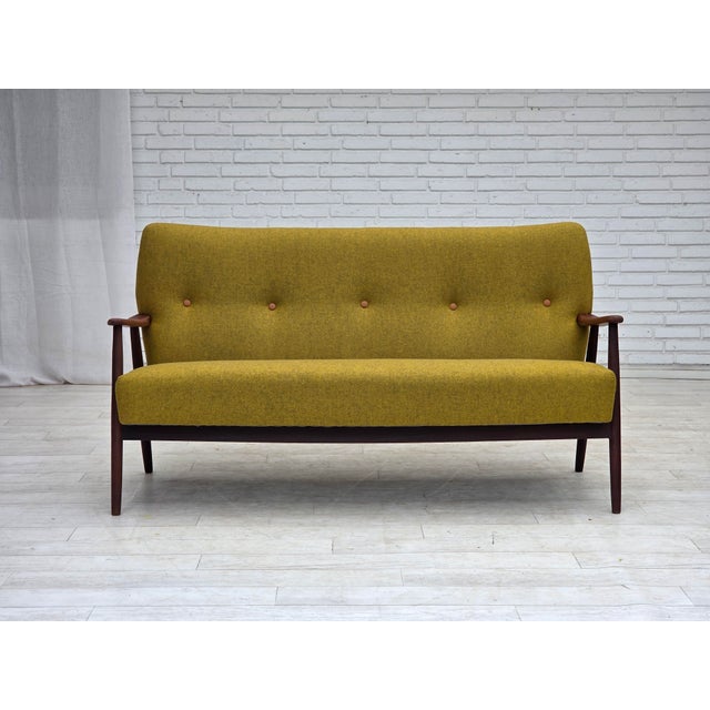 1960s, completely renovated-reupholstered Danish 2-seater sofa. Mustard yellow furniture wool fabric, teak wood. Original...