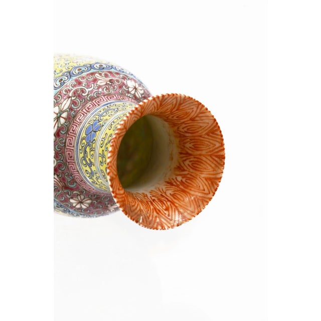 Chinese Vintage Traditional Chinese Porcelain Vase 9" Yellow, Pink & Blue Floral Design For Sale - Image 3 of 7