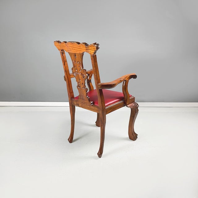Set of Chippendale Style Wooden Chairs with Red Leather, 1900s For Sale - Image 5 of 17