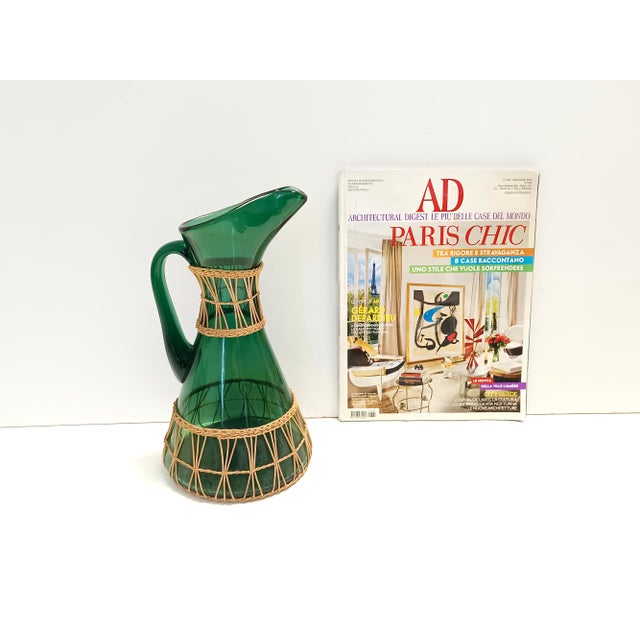 Mid-Century Modern Green Hand Blown Glass and Wicker Jug, Empoli, Italy, 1960s For Sale - Image 3 of 13