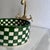 Green Bohemian Check Paint Vessel Sink with Brass Drain For Sale - Image 6 of 8