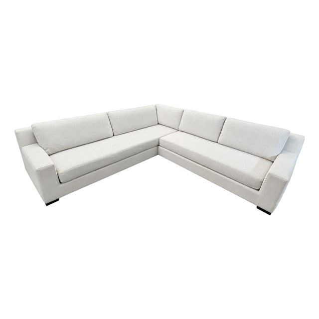 Rh Modena Track Arm Left-Arm Bench-Cushion L-Sectional – Perennials Performance Textured Linen Weave in Mist For Sale