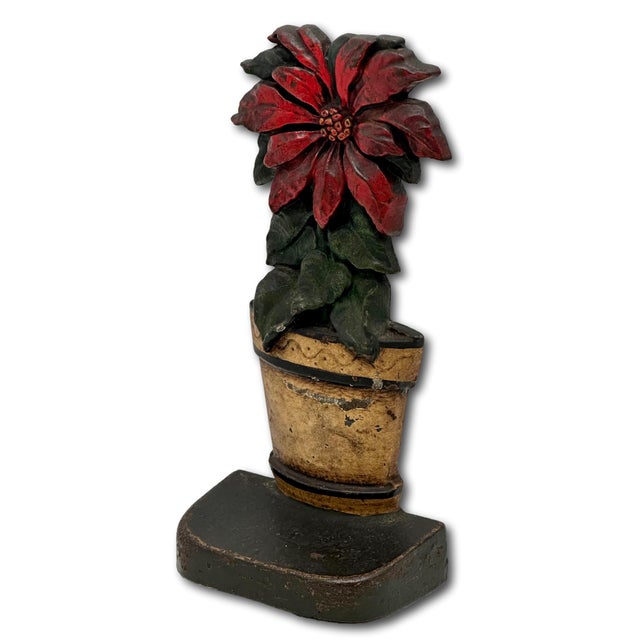 Rare & Hard to Find Antique American Poinsetta Flower Pot Cast Iron Doorstop - Circa 1920s For Sale - Image 4 of 12