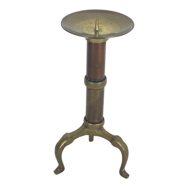 Vintage Brass and Copper Pillar Candle Holder Three Legs Staging Shelf Decor Dining Table Patina Corrosion For Sale