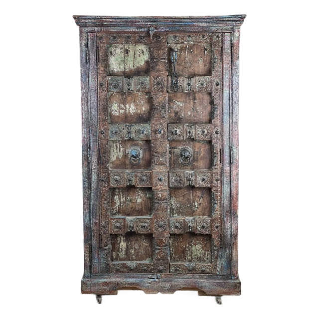 Repurposed Antique Indian Carved Door Armoire For Sale